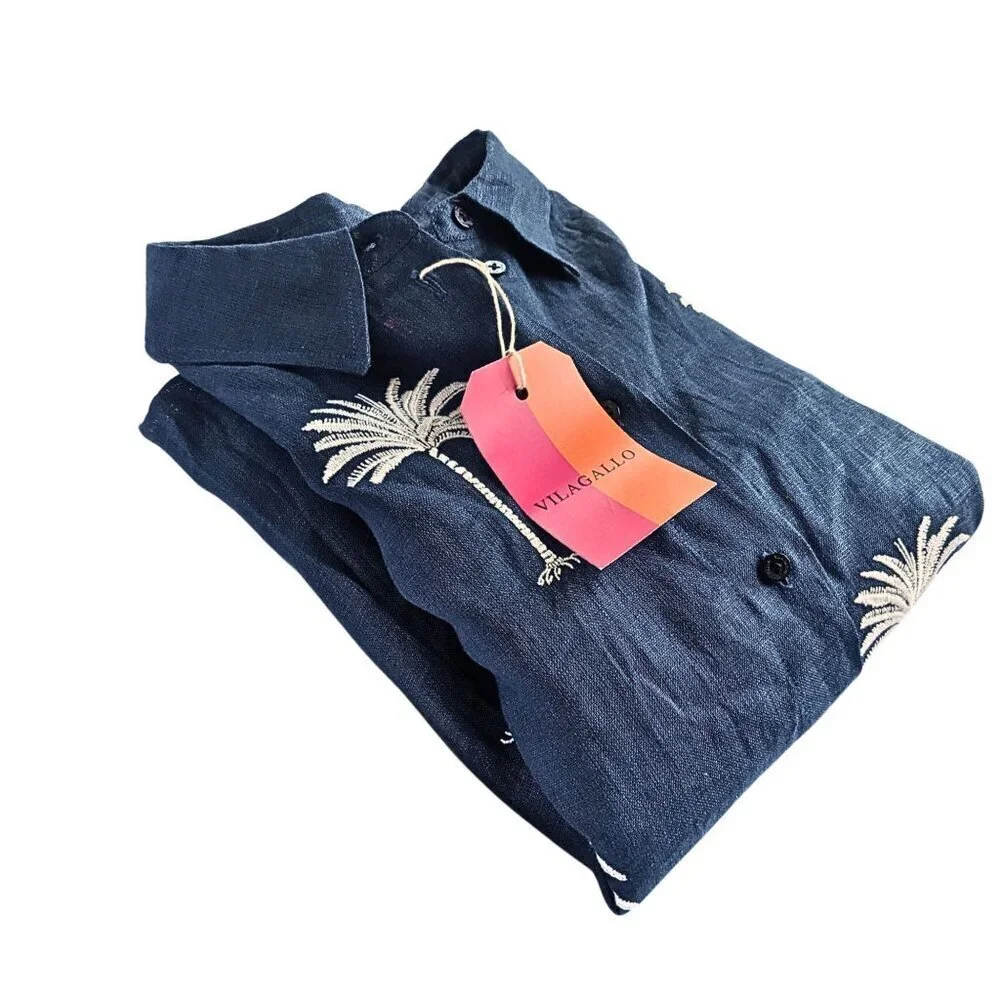 NWT VILAGALLO Hester Palm Tree Embroidered 100% Linen Shirt Dress Size 42/8